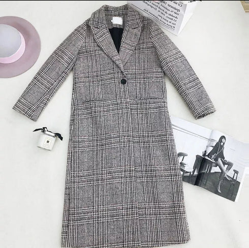 Winter Fashion Plaid Button Slim Type Outerwear Long Coat